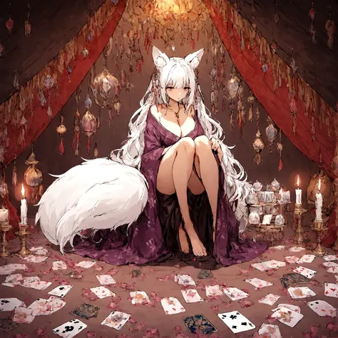 a sexy milf, has very long white hair, breasts, showing cleavage, has fox ears, wearing sakura kimono, in a gypsy tent, reading a crystal ball and surrounded by tarot cards, surrounded by candles, mystical, showing legs, sitting on cloth laden stool, has a...