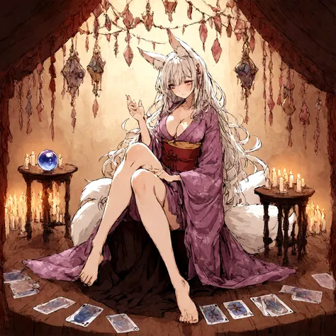 a sexy milf, has very long white hair, breasts, showing cleavage, has fox ears, wearing sakura kimono, in a gypsy tent, reading a crystal ball and surrounded by tarot cards, surrounded by candles, mystical, showing legs, sitting on cloth laden stool, has a...