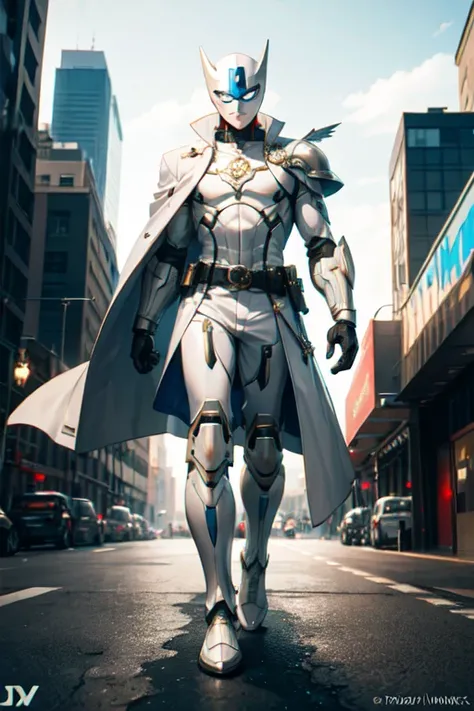 ((best quality)), ((masterpiece)), (detailed), 1 boy in a trench coat standing on a building, full body, 19 years old, masked, white mask covering his entire head and hair, superhero mask, black protective glasses, blue eyes, black face mask, tall and slen...