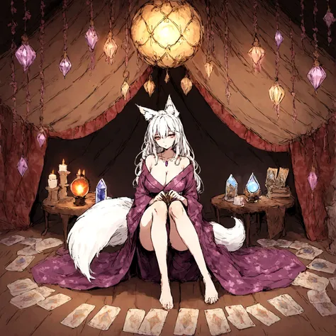 a sexy milf, has very long white hair, breasts, showing cleavage, has fox ears, wearing sakura kimono, in a gypsy tent, reading a crystal ball and surrounded by tarot cards, surrounded by candles, mystical, showing legs, sitting on cloth laden stool, has a...