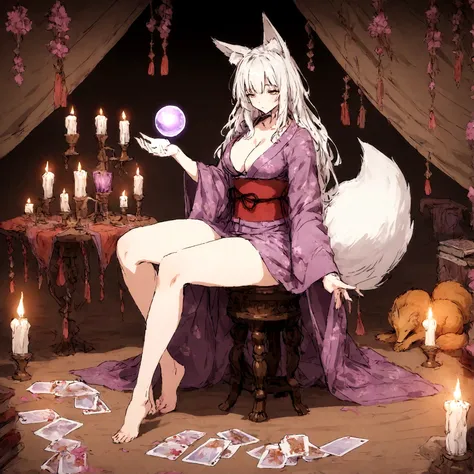 a sexy milf, has very long white hair, breasts, showing cleavage, has fox ears, wearing sakura kimono, in a gypsy tent, reading a crystal ball and surrounded by tarot cards, surrounded by candles, mystical, showing legs, sitting on cloth laden stool, has a...