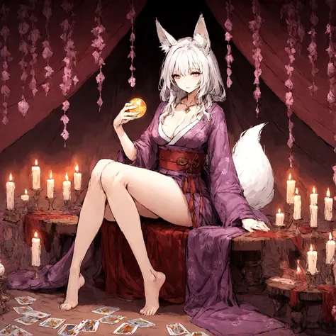 a sexy milf, has very long white hair, breasts, showing cleavage, has fox ears, wearing sakura kimono, in a gypsy tent, reading a crystal ball and surrounded by tarot cards, surrounded by candles, mystical, showing legs, sitting on cloth laden stool, has a...