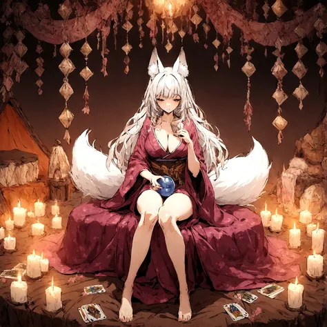 a sexy milf, has very long white hair, breasts, showing cleavage, has fox ears, wearing sakura kimono, in a gypsy tent, reading a crystal ball and surrounded by tarot cards, surrounded by candles, mystical, showing legs, sitting on cloth laden stool, has a...