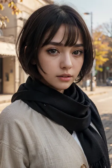 (masterpiece, highest quality),1 girl, alone, scarf, have, realistic, realistic, looking at the viewer, light colored black eyes, Brunette short bob hair with highly detailed shiny hair, stark naked, Whity, lips, bangs, outdoor, closed mouth, Upper body、Bi...