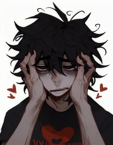 1boy, shirt grunge, sketchy lines, messy hair, black hair, black pupils,hands on face, hearts, evil, score_8_up, score_9_up,