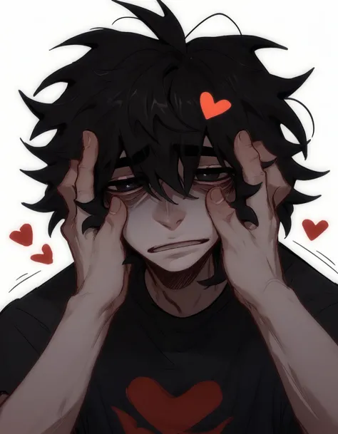 1boy, shirt grunge, sketchy lines, messy hair, black hair, black pupils,hands on face, hearts, evil, score_8_up, score_9_up,