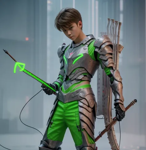 Full-length hyperrealistic photograph of a 1 boy, cyberpunk archer, with cyberpunk technological armor, neon lights effects, energy bow, energy arrows, short brown hairs, masterpiece, photorealistic, raw camera, uhd, 8k