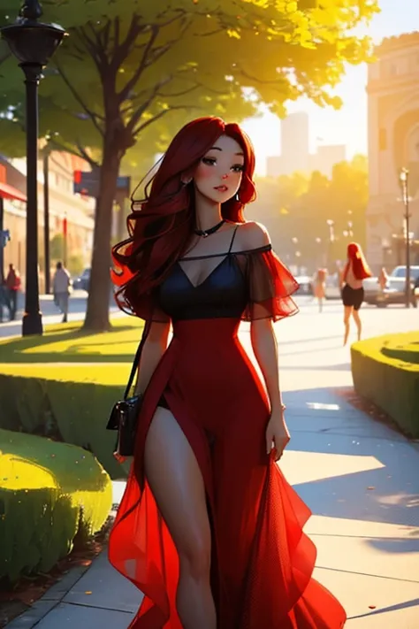 A pretty red haired woman with red eyes and an hourglass figure in a pretty summer dress is dancing with  a stunning black haired woman with brown eyes with an hourglass figure in a park