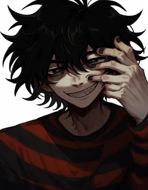 1boy, shirt grunge, sketchy lines, messy hair, black hair, black pupils,hand on face, smile, evil, score_8_up, score_9_up,