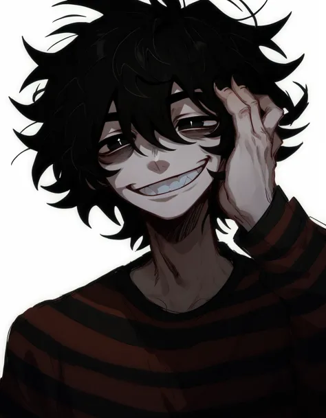 1boy, shirt grunge, sketchy lines, messy hair, black hair, black pupils,hand on face, smile, evil, score_8_up, score_9_up,