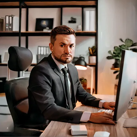 a white man, with a low beard, short hair, black suit, office, computer, serious face