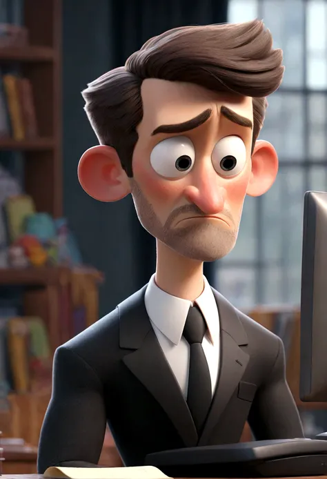 a white man, with a low beard, short hair, black suit, office, computer, serious face Disney style, pixar style render illustration Super Detail, 8K