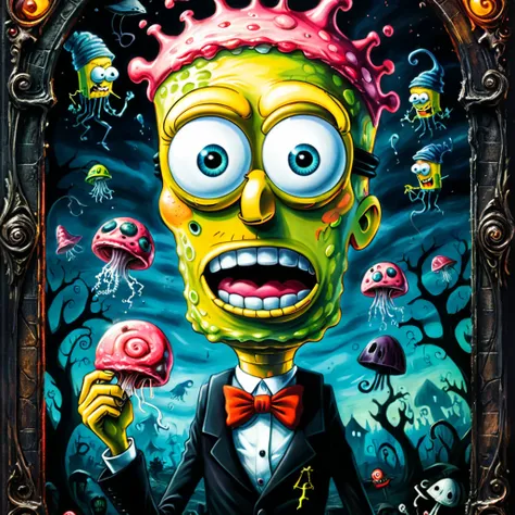 ((SpongeBob SquarePants:)1.2)standing while holding onto Gary his pet snail, spiritual eerie creepy picture, surreal dark fantasy, dark surreal art, surreal dark art, dramatic artwork, grim, horror surreal art, gothic fantasy art, dark fantasy horror art, ...