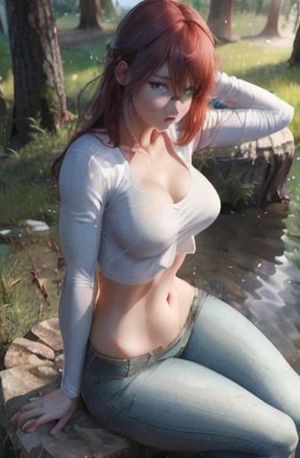 (ultra realistic, highly detailed:1.4), best quality, masterpiece
redhead girl, sitting on a stump, tall, curvy, bottom heavy,  blue jeggings, flowing white shirt
((longtorso, ltso):1.1)