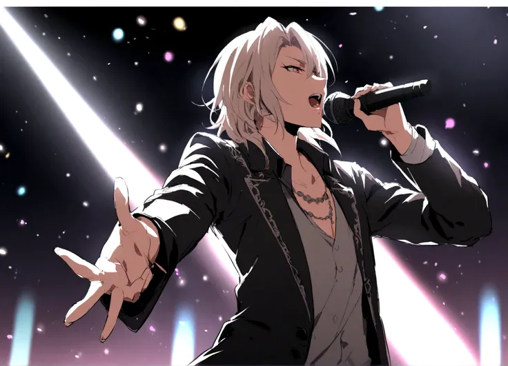 A young and handsome rock singer singing with a microphone at a live concert, drawn in an anime style.