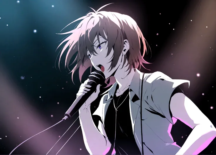 A young and handsome rock singer singing with a microphone at a live concert, drawn in an anime style.