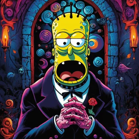 a surreal dark fantasy portrait of SpongeBob SquarePants standing while holding onto Gary his pet snail, dramatic and eerie artwork with a gothic horror atmosphere, hyper-psychedelic blending elements of fantasy and horror, highly detailed, enhanced poster...