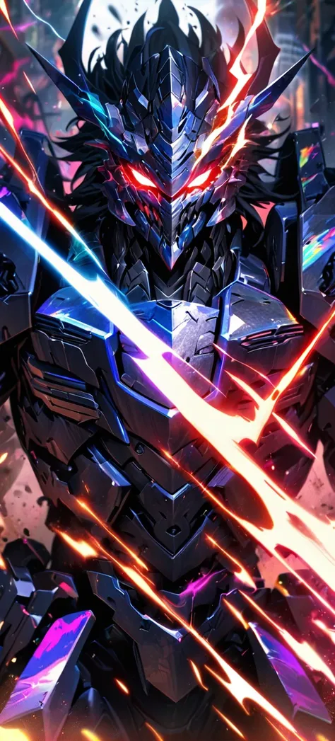 absurdres,detailed front view, highres, ultra detailed, HDR, masterpiece, extremely detailed face and eyes,  shinning black God Mecha armor dragon knight, Epic Mecha dragon mask,, Black hair , , solo, ,man, handsome, , , Epic fight scene, colorful splashin...