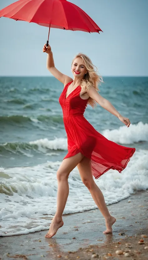 Beautiful blonde in red dress dancing on the sea shore with a red umbrella.