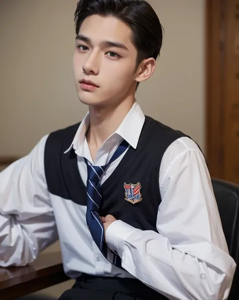 boy, 17 y.o, handsome, slick back, long-sleeved shirt, tie, school