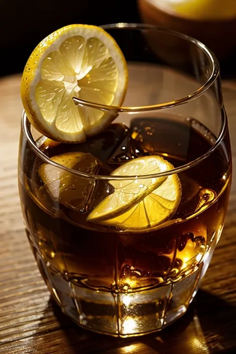 Whiskey Rock、A slice of lemon in a glass、Amber liquid