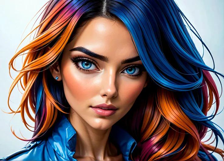 Uma linda mulher, highlighted in vibrant colors like a colored pencil drawing, tirando o cabelo do rosto. The woman is very well dressed in a mix of blue tones, rosa e laranja, com detalhes intrincados destacando suas vestes. All around her are splashes of...