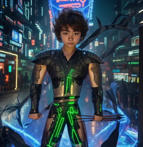 full-length hyperrealistic photograph of a 1 boy, 20 years old, cyberpunk archer, with cyberpunk technological armor, neon light...