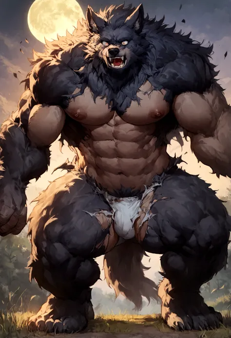 (( 1boy, male, werewolf, werewolf form, lycanthrope, werewolf brute, black fur )), big pecs, nipples, navel, multicolored body, mulitcolored fur, extreme detailed skin, extreme detailed fur, (( transformation, torn clothes, torn shirt, torn boxers,surprise...