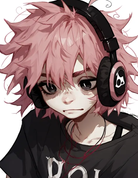 1girl, shirt grunge, sketchy lines, messy hair, pink hair, headphones, black pupils, score_8_up, score_9_up,