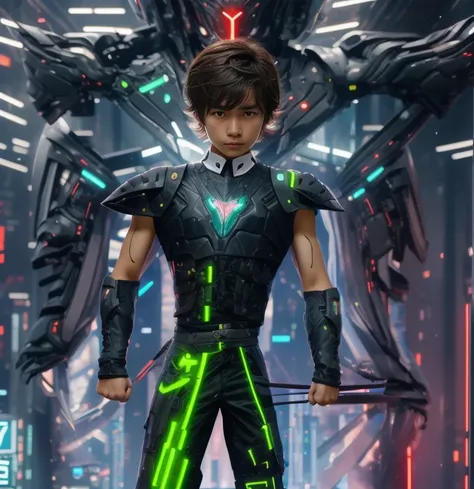 full-length hyperrealistic photograph of a 1 boy, 20 years old, cyberpunk archer, with cyberpunk technological armor, neon light...