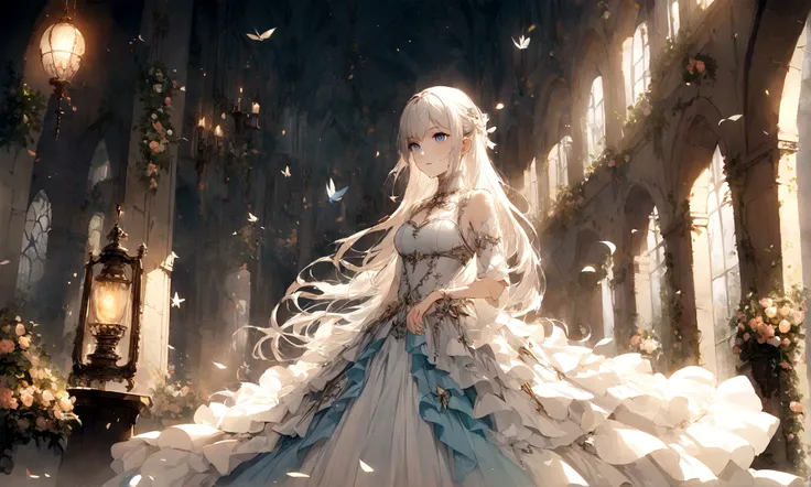 Illustration of the goddess of moonlight，Exquisite and dreamy，Mysterious Light，The night is calm，Flowing silver hair，blue eyes，It&#39;s like a fairy tale，Romantic atmosphere