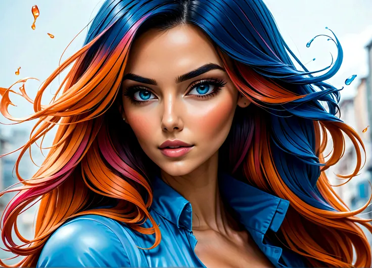 Uma linda mulher, highlighted in vibrant colors like a colored pencil drawing, tirando o cabelo do rosto. The woman is very well dressed in a mix of blue tones, rosa e laranja, com detalhes intrincados destacando suas vestes. All around her are splashes of...