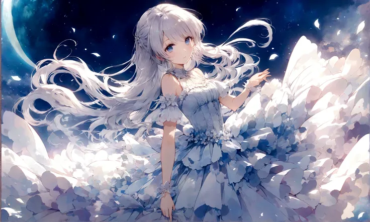 Nordic beauty style,The background is outer space,Illustration of the goddess of moonlight，Exquisite and dreamy，Mysterious Light，The night is calm，Flowing silver hair，blue eyes，It&#39;s like a fairy tale，Romantic atmosphere