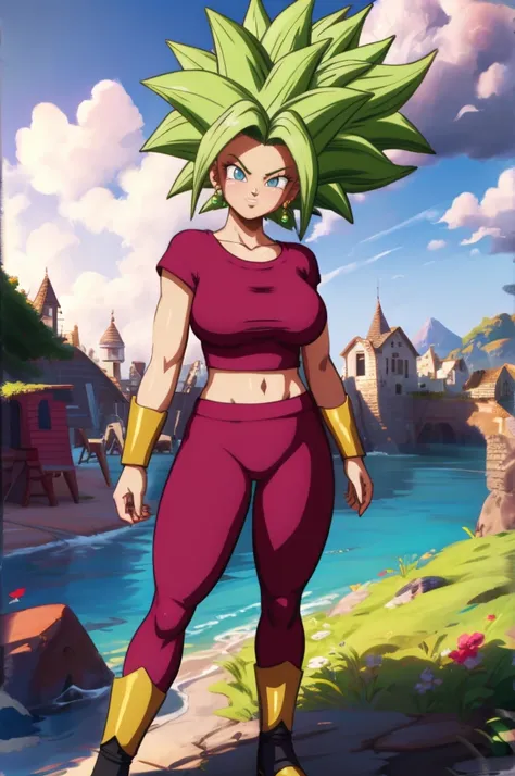 kefla style, 8k, hdr, ureal engine, ultra quality, big breasts  beautiful woman, green color eyes,  sitting cross-legged, red t-...