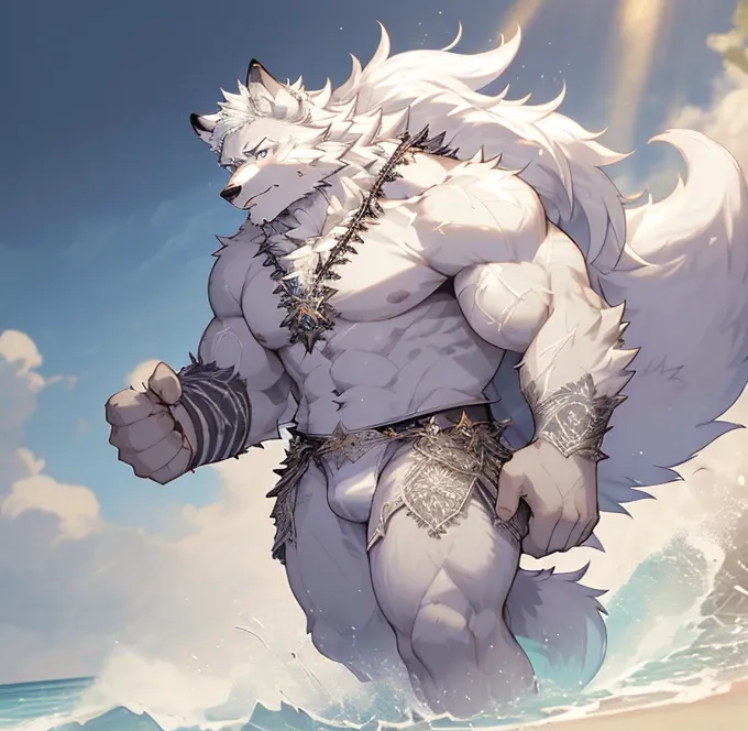 Anthropomorphic wolf，masterpiece, Solitary, Delicate face, 32 years old adult, hairy, male, Handsome, full-body shot，Strong， Very detailed, Expressive, Dramatic lighting, Epic Background,  Intricate details, Ray tracing，Beach Background，white hair，White sk...