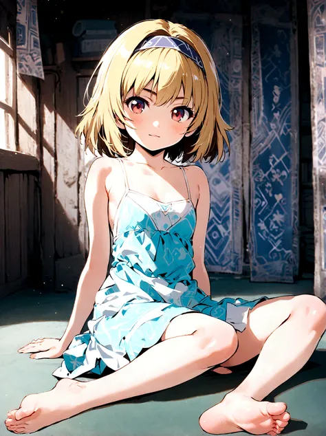 (houjou_satoko), 1girl, (blonde hair), red eyes, short hair, hairband, small breasts,11 years old, solo, looking at viewer, dress, sitting, barefoot, feet, cosplay, 