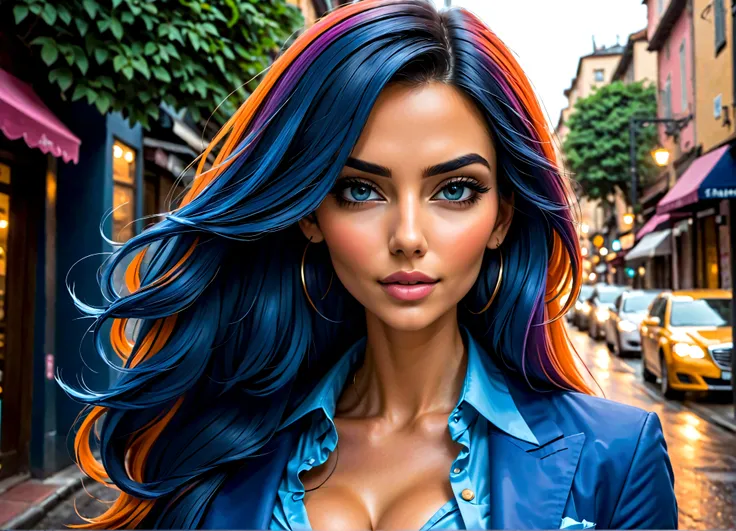 Uma linda mulher, highlighted in vibrant colors like a colored pencil drawing, tirando o cabelo do rosto. The woman is very well dressed in a mix of blue tones, rosa e laranja, com detalhes intrincados destacando suas vestes. All around her are splashes of...
