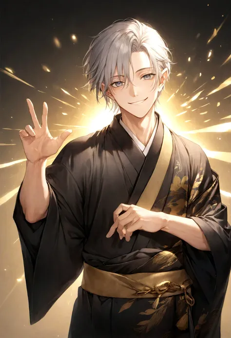 (Artwork, very high quality photo, CGI effect, lighting effect, shading effect), a male elf, bright gray eyes, short platinum hair, (wearing a black kimono with gold details), a brown scarf wrapped around his neck , white yukata over the kimono, (A confide...