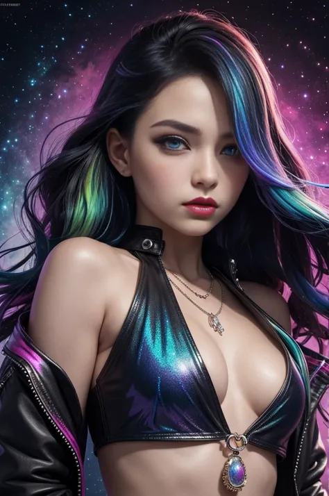 Porcelain doll rockstar wearing leather jacket, bracelets, necklaces, masterpiece, spiral galaxy eyes, squid goddess, tendrils, dark iridescent hair, translucent, subsurface scattering, tiny dewdrops, oil slick rainbows, eyelashes "PxrMarschner", portrait,...