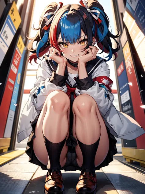 Seishonagon, 1girl in, Solo, Yellow eyes, Twin-tailed, Solo, Blue hair, multicoloRed hair, Black hair, Red hair, Jacket, Collar, serafuku, sailor Collar, bowtie, Red bow, Obi, Black socks, knee sox, red footwear, nail polish BREAK,upper body,Bright classro...