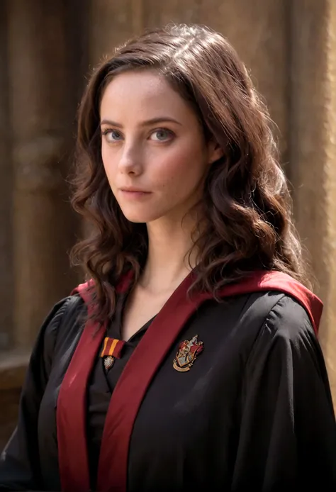 Arad woman in Harry Potter robes(((medium close-up))),1girl in,8K, Raw photography, top-quality, ​masterpiece, realisitic,Robes,wearing black wizard robes, Gryffindor, magic , looks like an aged 29 Kaya Scodelario, aged 24, wearing robes and neckties, hogw...