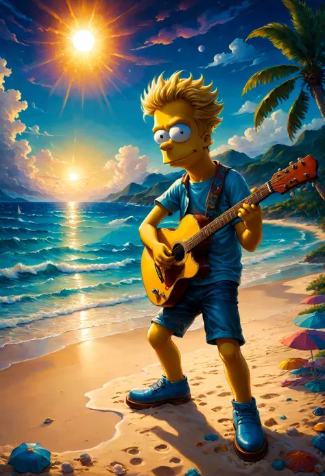 Guitarist, Bart Simpson, beach, best quality, masterpiece, very aesthetic, perfect composition, intricate details, ultra-detailed