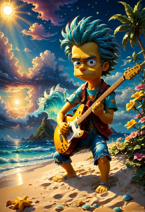 Guitarist, Bart Simpson, beach, best quality, masterpiece, very aesthetic, perfect composition, intricate details, ultra-detailed