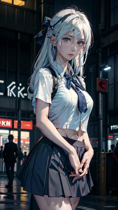 (8k, RAW photo, masterpiece:1.3), (realistic, photo-realistic:1.37), (night), (looking at viewer:1.331), (white hair), posing, Tokyo street, nightcityscape, cyberpunk city, soft light, 1girl, extremely beautiful face, bust, put down hands, Random hairstyle...