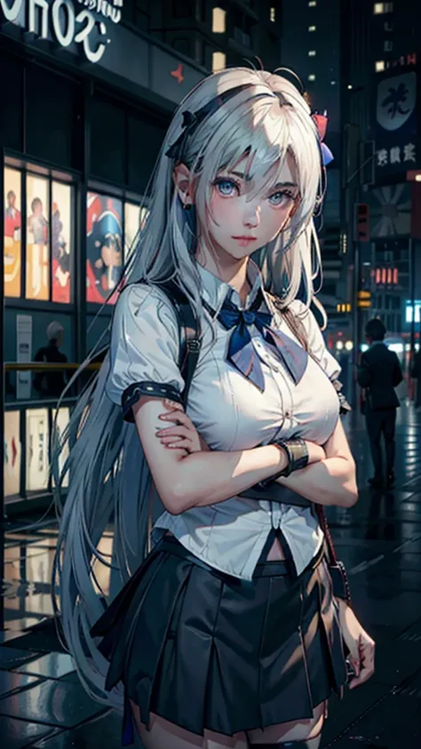 (8k, RAW photo, masterpiece:1.3), (realistic, photo-realistic:1.37), (night), (looking at viewer:1.331), (white hair), posing, Tokyo street, nightcityscape, cyberpunk city, soft light, 1girl, extremely beautiful face, bust, put down hands, Random hairstyle...