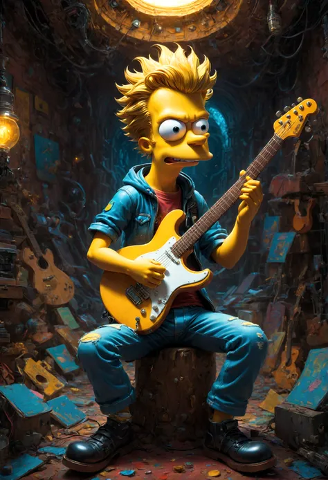 Guitarist, Bart Simpson, underground, best quality, masterpiece, very aesthetic, perfect composition, intricate details, ultra-detailed