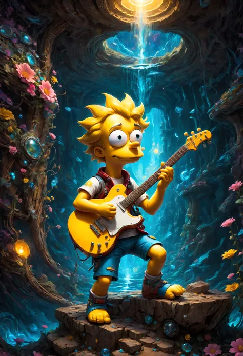 Guitarist, Bart Simpson, underground, best quality, masterpiece, very aesthetic, perfect composition, intricate details, ultra-detailed