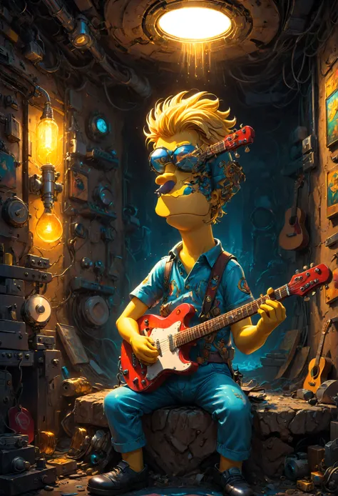 Guitarist, Bart Simpson, underground, best quality, masterpiece, very aesthetic, perfect composition, intricate details, ultra-detailed