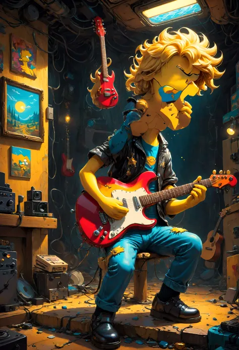 Guitarist, Bart Simpson, underground, best quality, masterpiece, very aesthetic, perfect composition, intricate details, ultra-detailed