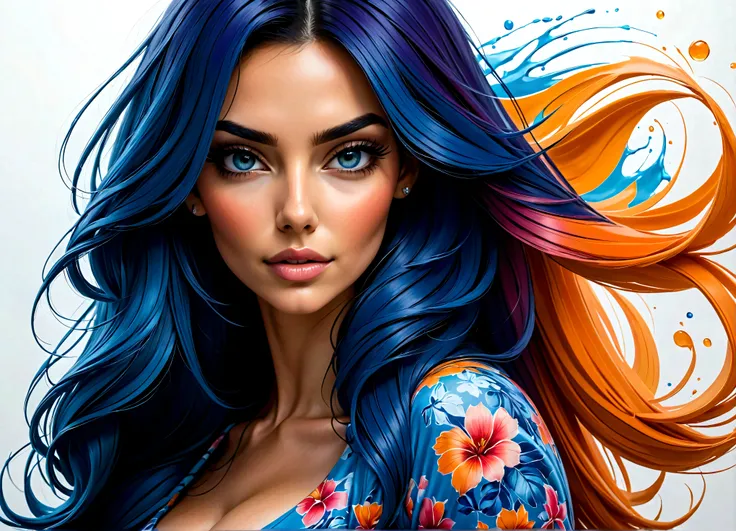 Uma linda mulher, highlighted in vibrant colors like a colored pencil drawing, tirando o cabelo do rosto. The woman is very well dressed in a mix of blue tones, rosa e laranja, com detalhes intrincados destacando suas vestes. All around her are splashes of...